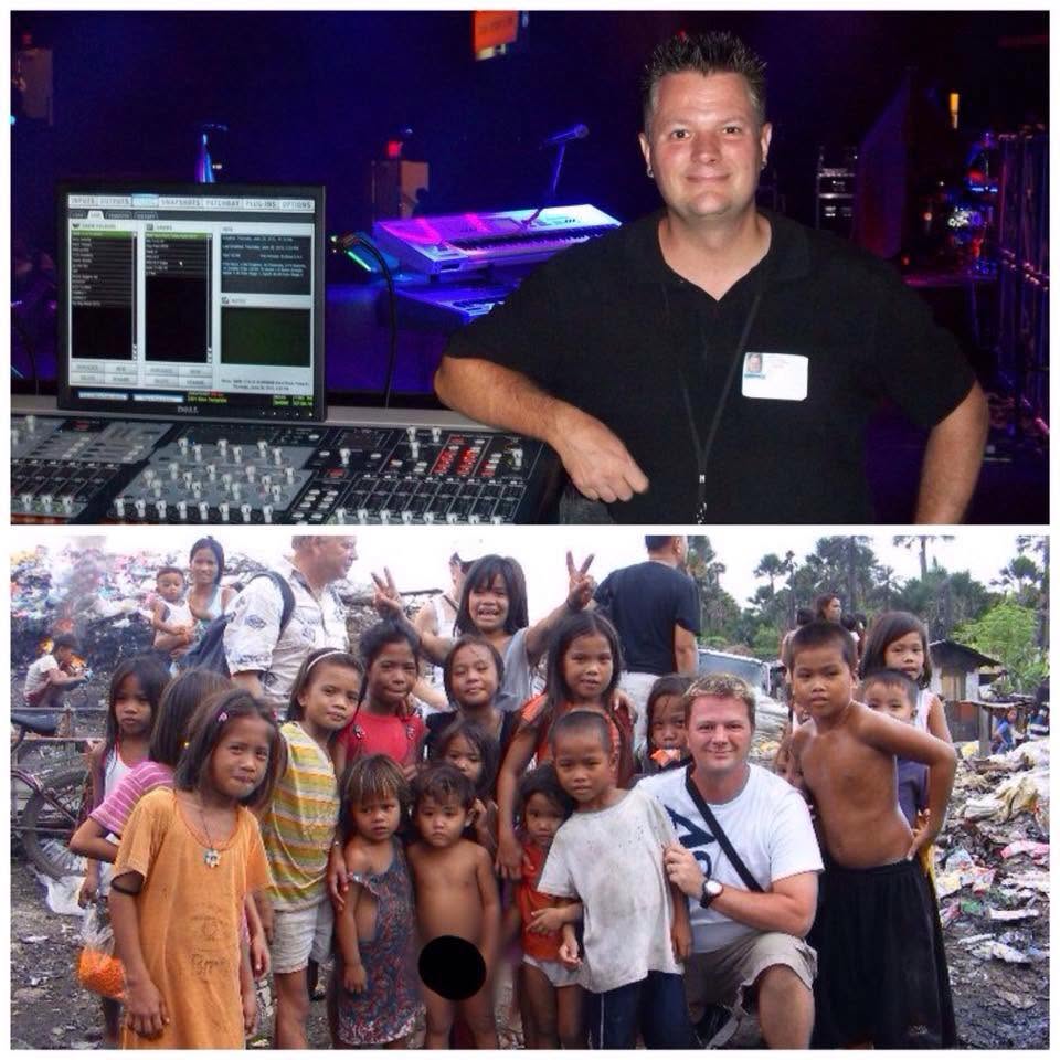 Michael at a mixing console and with children in Cebu, Philippines